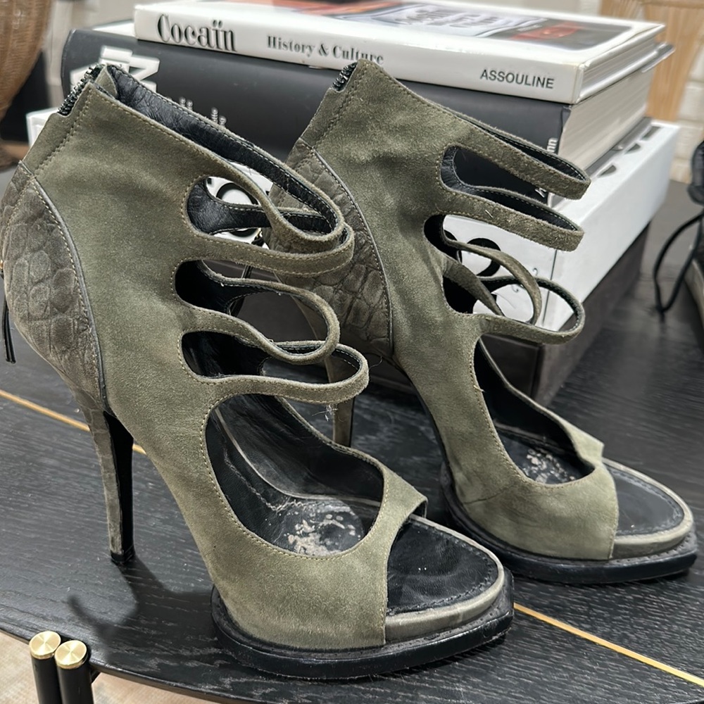 Givenchy size 36.5 army green suede strappy, zip back pumps. Great condition!
